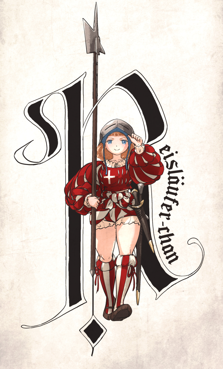 1girl absurdres armor blonde_hair blue_eyes coif cross dagger halberd helmet highres holding holding_polearm holding_weapon ironlily knife long_sleeves long_sword mercenary original polearm puff_and_slash_sleeves puffy_long_sleeves puffy_sleeves reislaeufer_(ironlily) sallet sheath smile sword thighs weapon