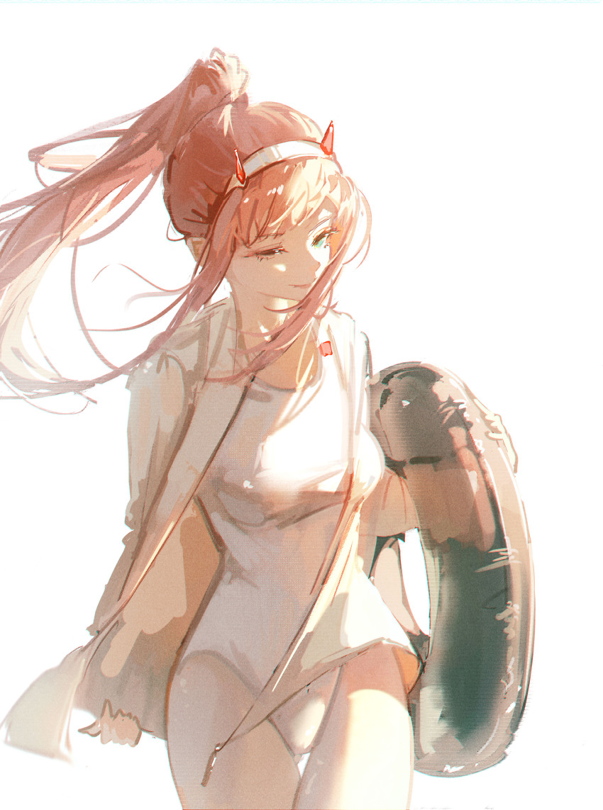 1girl absurdres bikini breasts cowboy_shot darling_in_the_franxx dudrinm floating_hair headband highres horns looking_down medium_breasts pink_hair ponytail sidelocks simple_background solo swimsuit upper_body white_background zero_two_(darling_in_the_franxx)