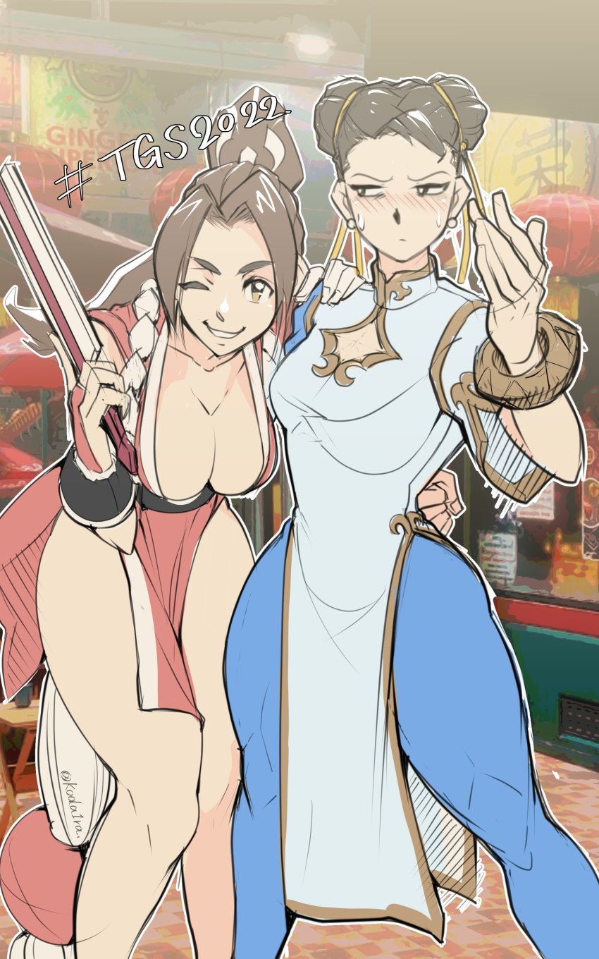 2girls absurdres arm_guards bad_tag blue_dress bracelet breasts bun_cover capcom china_dress chinese_clothes chun-li cleavage crossover double_bun downblouse dress earrings fatal_fury female_focus folding_fan hair_bun hair_pulled_back hand_fan high_ponytail highres holding holding_fan jewelry koda1ra large_breasts multiple_girls one_eye_closed parted_lips pelvic_curtain ponytail revealing_clothes rope shiranui_mai smile snk street_fighter street_fighter_6 the_king_of_fighters thighs twitter_username wink