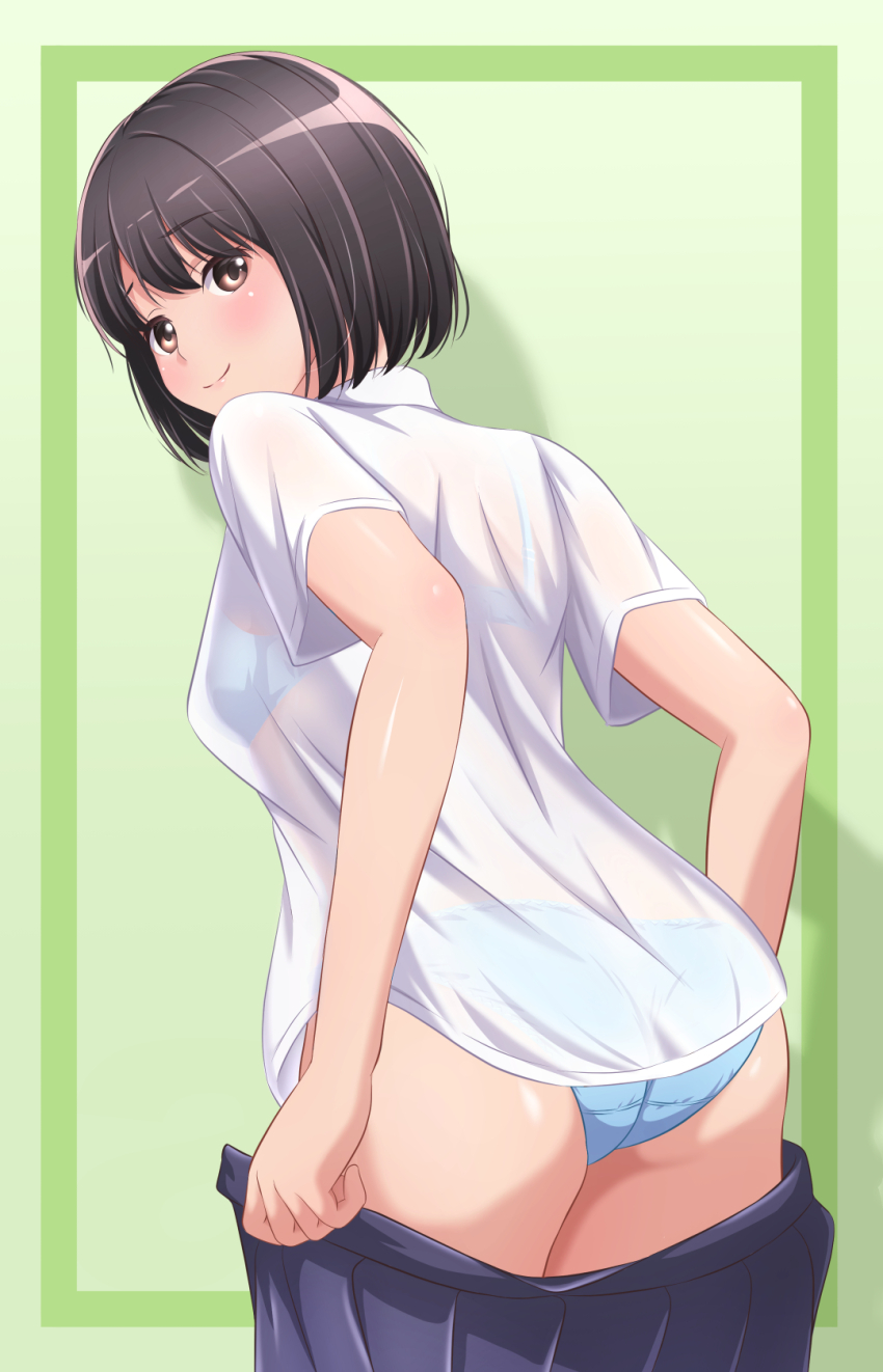 1girl akippoi_0919 ass black_eyes black_hair blue_panties blue_skirt bralines closed_mouth clothes_pull commentary crotch_seam dress_shirt from_behind green_background highres leaning_forward looking_at_viewer looking_back open_clothes open_skirt original panties pleated_skirt pulling_own_clothes school_uniform see-through_clothes see-through_shirt shirt short_hair short_sleeves skirt skirt_pull smile solo standing underwear undressing white_shirt