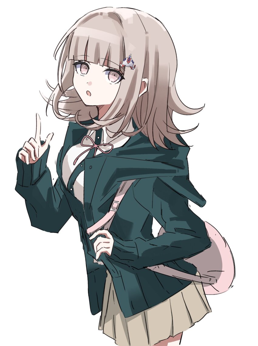 1girl :o blunt_bangs breasts brown_hair brown_skirt collared_shirt cowboy_shot danganronpa_(series) danganronpa_2:_goodbye_despair flipped_hair galaga hair_ornament hand_up highres hood jacket long_hair long_sleeves looking_at_viewer medium_hair miniskirt nanami_chiaki neck_ribbon open_clothes open_jacket pink_eyes pink_ribbon pleated_skirt ribbon rishaku_(user_cuwx8758) shirt sidelocks simple_background skirt solo spaceship_hair_ornament white_background white_shirt