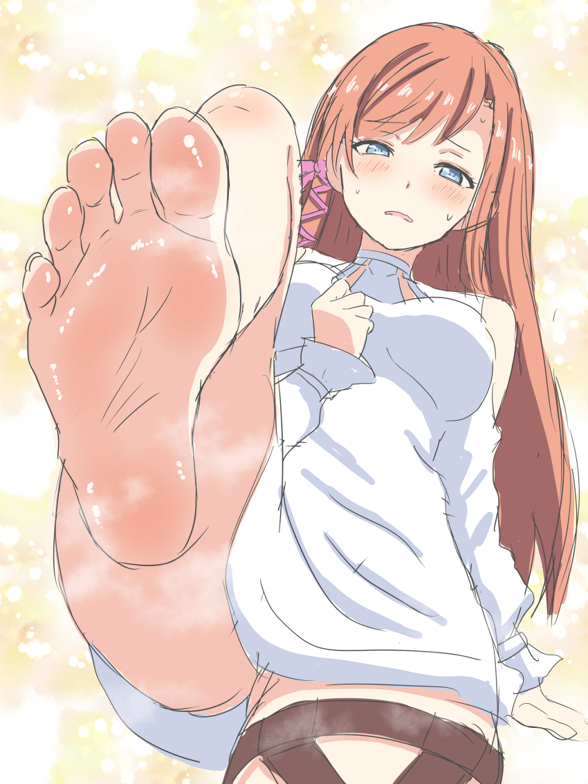 1girl absurdres barefoot blue_eyes blush brown_hair feet final_fantasy final_fantasy_xiv foot_focus highres long_hair looking_at_viewer nush_advance parted_lips pov ryne_waters smell soles steam toes