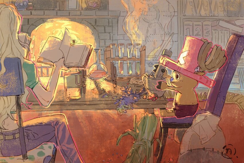 1boy 1girl antlers blue_nose book bottle crop_top dr._kureha erlenmeyer_flask flask hashtag-only_commentary hat highres holding holding_book horns long_hair mortar_(bowl) one_piece pants pestle pink_hat purple_pants reindeer_antlers shorts sitting siyangou49 smoke table tony_tony_chopper volumetric_flask