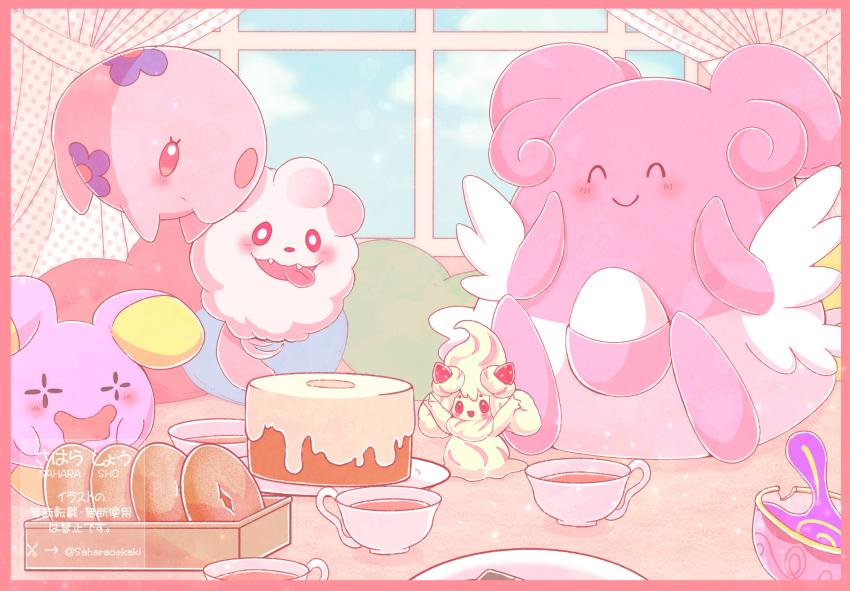 ^_^ alcremie alcremie_(strawberry_sweet) blissey blush border bright_pupils closed_eyes closed_mouth commentary_request cup curtains fangs food gen_2_pokemon gen_3_pokemon gen_5_pokemon gen_6_pokemon gen_8_pokemon happy highres indoors munna nintendo pink_border plate pokemon pokemon_(creature) pokemon_focus saharaoekaki sinistea sitting smile swirlix tea teacup tongue tongue_out whismur white_pupils window