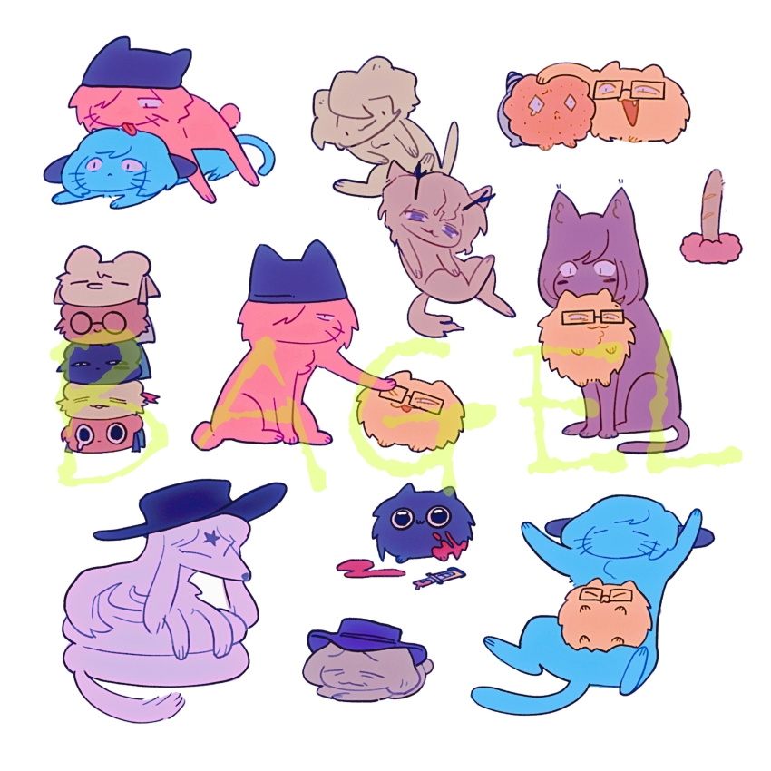 absurdres animal animal_hat animalization bagel_(xinjinjumin900341874831) blood boxcutter cat cat_hat dog etheral_q glasses hat highres hitchhiker_a_(randal&#039;s_friends) hitchhiker_b_(randal&#039;s_friends) kinder_surprised_michael_jr. licking_another luther_von_ivory mouth_hold nana_(randal&#039;s_friends) no_humans nyen_(randal&#039;s_friends) nyon_(randal&#039;s_friends) present_day_problem_takeuchi_robert randal&#039;s_friends randal_ivory ratman_3_(randal&#039;s_friends) ratman_4_(randal&#039;s_friends) ratman_5_(randal&#039;s_friends) sebastian_de_tomato_smith_chicken_legs simple_background tsukada_satoru white_background