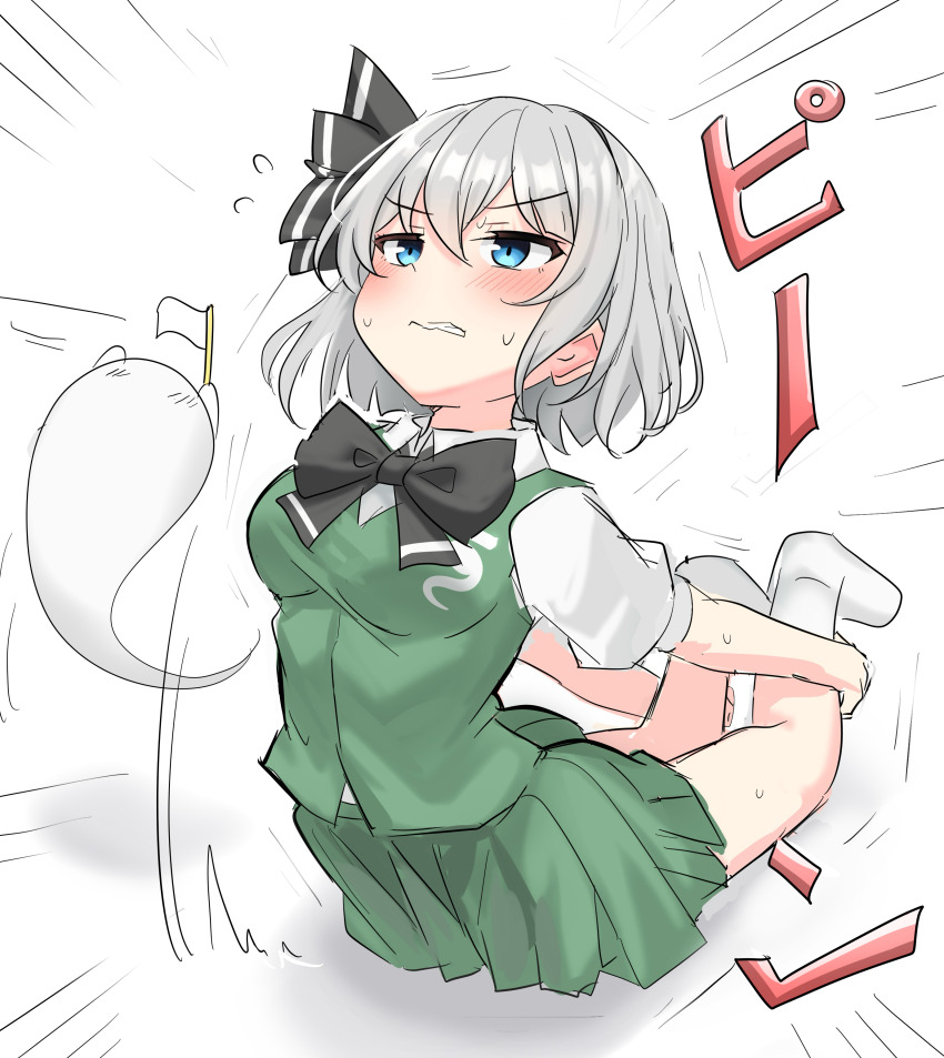 1girl absurdres black_bow black_hairband blue_eyes blush bow breasts commentary_request emphasis_lines flag flying_sweatdrops green_skirt green_vest grey_hair hairband highres holding holding_flag konpaku_youmu konpaku_youmu_(ghost) pose_request shirt short_sleeves skirt socks sweat touhou translation_request vest white_flag white_shirt white_socks youyume-kun