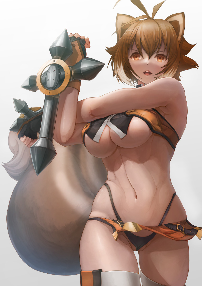1girl abs absurdres animal_ears antenna_hair armpits bare_shoulders black_gloves black_panties black_shorts blazblue breasts brown_eyes brown_hair cameltoe clenched_hands commentary cowboy_shot crop_top dai_toro dual_wielding fingerless_gloves gloves groin hair_between_eyes hand_up highleg highleg_panties highres holding large_breasts looking_at_viewer makoto_nanaya multicolored_hair navel no_bra open_mouth orange_shirt orange_skirt panties partially_visible_vulva revealing_clothes shirt short_hair shorts sidelocks simple_background skindentation skirt sleeveless sleeveless_shirt solo squirrel_ears squirrel_girl squirrel_tail stomach stretching tail teeth thighhighs thong tonfa two-tone_hair underboob underwear upper_teeth_only weapon white_background white_thighhighs