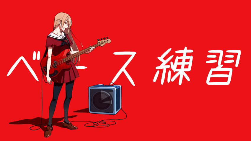 1girl absurdres amplifier bass_guitar black_neckerchief black_pantyhose brown_hair brown_shoes cable collarbone commentary_request fender_precision_bass full_body furen_e_lustario furen_e_lustario_(school_uniform) highres holding holding_bass_guitar holding_instrument instrument kougi_hiroshi loafers long_hair looking_at_viewer mouth_hold neckerchief nijisanji pantyhose pleated_skirt plectrum plectrum_in_mouth red_background red_eyes red_serafuku red_shirt red_skirt sailor_collar school_uniform serafuku shirt shoes short_sleeves sidelocks simple_background skirt smile solo standing translation_request very_long_hair virtual_youtuber white_sailor_collar