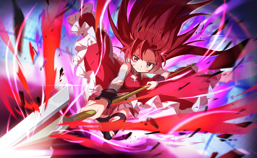1girl artist_request bare_shoulders black_shirt black_thighhighs black_wrist_cuffs blue_background buttons cleavage_cutout clothing_cutout collared_dress debris detached_sleeves determined dress fire floating floating_clothes floating_hair frilled_dress frills full_body game_cg grey_sleeves hair_undone high_collar highres holding holding_polearm holding_weapon injury long_hair long_sleeves magical_girl mahou_shoujo_madoka_magica mahou_shoujo_madoka_magica_magia_exedra medium_dress miniskirt official_art pink_fire pink_skirt pleated_skirt polearm red_dress red_eyes red_fire red_hair sakura_kyoko sakura_kyoko_(magical_girl) shirt shirt_under_dress skirt skirt_under_dress sleeveless sleeveless_dress solo spear thighhighs torn_clothes torn_sleeves torn_thighhighs tsurime very_long_hair weapon wrist_cuffs
