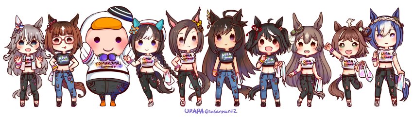 6+girls absurdres ahoge air_groove_(umamusume) animal_ears arm_up beret black_hair blue_hair blush breasts brown_hair cesario_(umamusume) closed_mouth duramente_(umamusume) full_body glasses grey_hair hair_ornament hat highres hokko_tarumae_(umamusume) horse_ears horse_girl kitasan_black_(umamusume) long_hair looking_at_viewer mascot medium_hair midriff multiple_girls navel open_mouth rhein_kraft_(umamusume) satono_diamond_(umamusume) simple_background smile standing tomachop transcend_(umamusume) umamusume urara_(himitsu_kamitu) white_background wonder_acute_(umamusume)