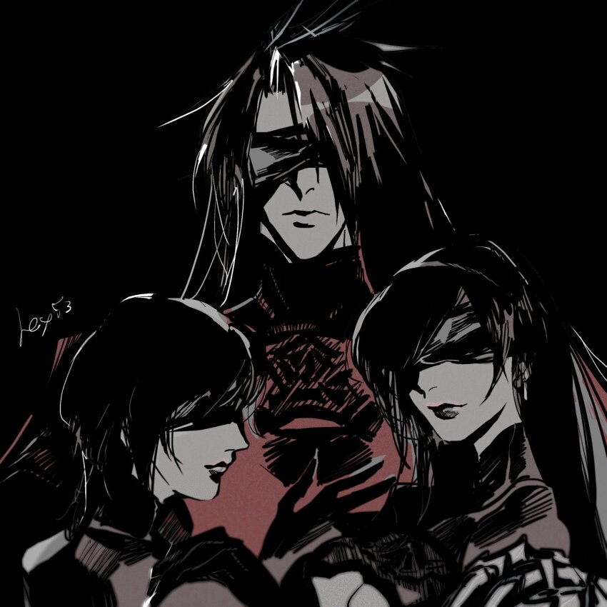 10h_(nier_reincarnation) 10h_(nier_reincarnation)_(cosplay) 1girl 2b_(nier:automata) 2b_(nier:automata)_(cosplay) 2boys black_background black_dress black_hair black_lips blindfold breasts cleavage cleavage_cutout closed_mouth clothing_cutout commentary_request cosplay dress earrings final_fantasy final_fantasy_vii final_fantasy_vii:_ever_crisis hey53orz highres jewelry large_breasts lips long_hair multiple_boys nier:automata nier_(series) nier_reincarnation official_alternate_costume short_hair single_earring tifa_lockhart tifa_lockhart_(battler_ensemble) turtleneck turtleneck_dress upper_body vincent_valentine yuffie_kisaragi