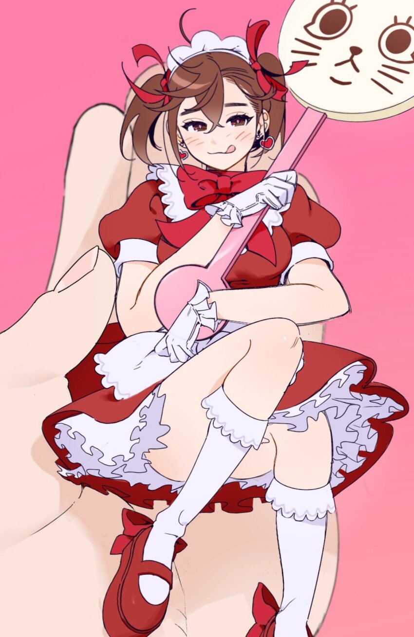 1girl 1other :q alternate_costume ayase_momo blush bow bowtie breasts brown_eyes brown_hair cat commentary_request dandadan dress earrings gloves hair_between_eyes hairband heart heart_earrings highres holding in_palm jewelry kneehighs looking_at_viewer medium_breasts mini_person minigirl miniskirt pink_background pov pov_hands puffy_short_sleeves puffy_sleeves red_bow red_bowtie red_dress red_shoes shoes short_hair short_sleeves sitting sitting_on_hand size_difference skirt socks thighs tongue tongue_out turbo_granny_(dandandan) twintails white_day white_gloves white_hairband white_socks y8brass