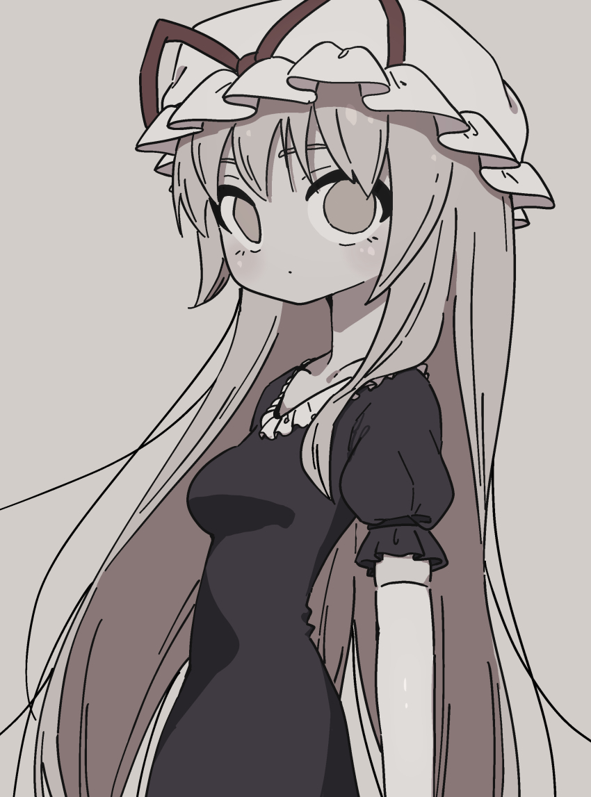 1girl :o absurdres blonde_hair collarbone dress elbow_gloves expressionless gloves grey_background hat highres long_hair mob_cap purple_dress short_sleeves solo touhou uzou_(uzooooooooo) very_long_hair white_gloves yakumo_yukari yellow_eyes