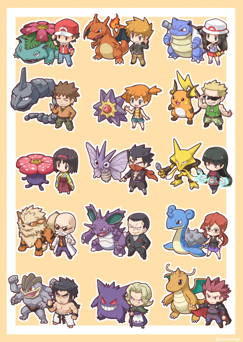 agatha_(pokemon) alakazam arcanine asymmetrical_hair bald black_hair blaine_(pokemon) blastoise blonde_hair blue_oak brock_(pokemon) brown_hair bruno_(pokemon) charizard closed_eyes denim denim_shorts dragonite erika_(pokemon) fushigi_ebi gen_1_pokemon gengar giovanni_(pokemon) gym_leader highres koga_(pokemon) lance_(pokemon) lapras leaf_(pokemon) long_hair lorelei_(pokemon) machamp misty_(pokemon) multiple_boys multiple_girls muscular nintendo onix pokemon pokemon_(anime) pokemon_(classic_anime) pokemon_frlg pokemon_hgss pokemon_lgpe ponytail purple_hair raichu red_(pokemon) sabrina_(pokemon) shirt short_hair shorts side_ponytail smile starmie surge_(pokemon) venomoth venusaur vileplume white_shirt