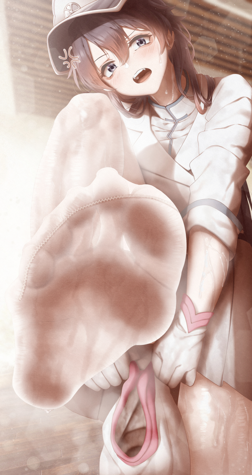 1girl absurdres anger_vein bambietta_basterbine bleach bleach:_sennen_kessen-hen blurry blurry_background blush brown_hair double-parted_bangs feet foot_focus foot_out_of_frame foreshortening gloves grey_hat hair_between_eyes hat highres holding holding_legwear holding_unworn_clothes jacket knee_up lens_flare long_hair long_sleeves looking_at_viewer military_hat miniskirt no_shoes nokchamint open_mouth quincy_(bleach) shirt skirt smell soles solo standing standing_on_one_leg sternritter sweat sweatdrop thighhighs thighs toe_seam toenails toes white_gloves white_jacket white_shirt white_thighhighs