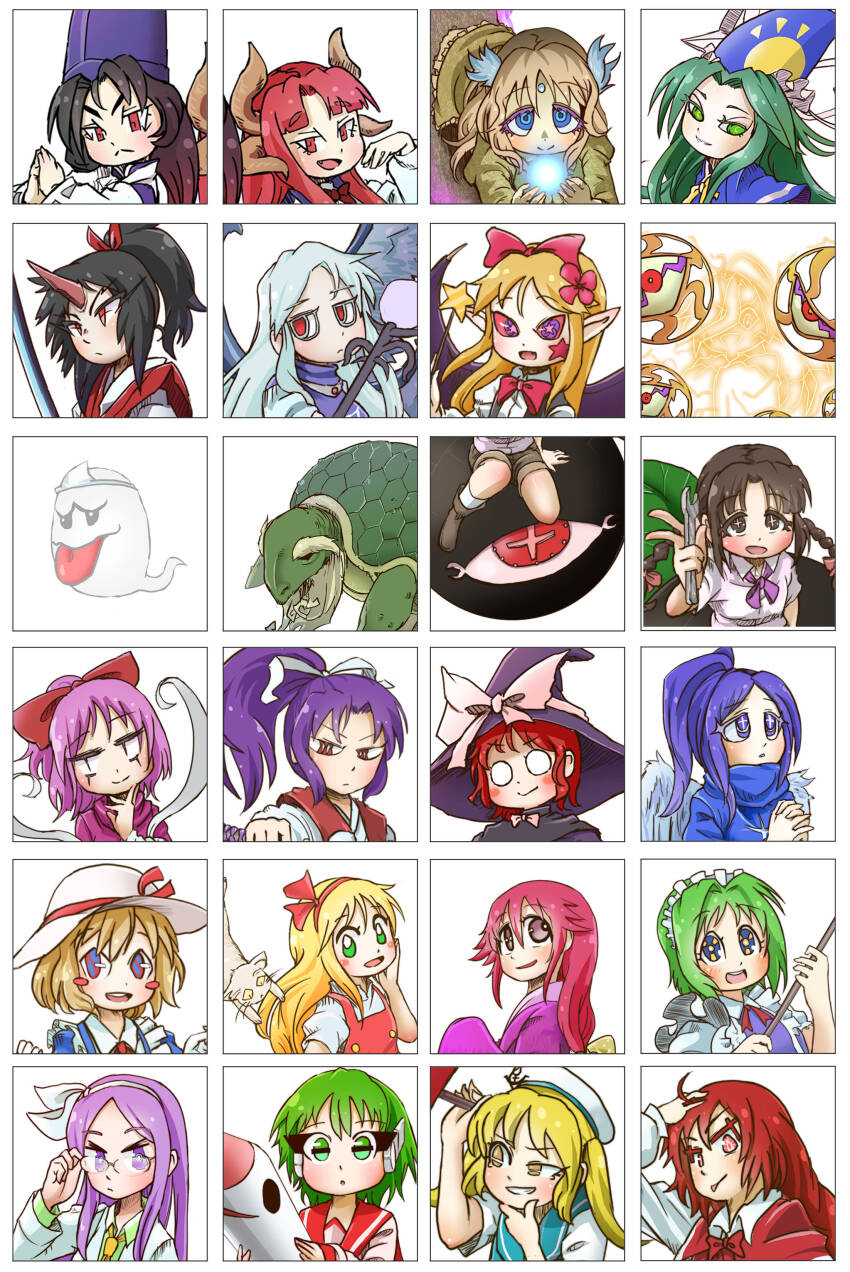 1boy 3others 6+girls absurdres anchor_symbol angel angel_wings apron asakura_rikako bakebake_(touhou) bat_wings beard black_capelet black_hair blonde_hair blue_capelet blue_dress blue_eyes blue_hair blue_sailor_collar bow bow_hairband bowtie braid brown_hair brown_shorts capelet cat chamaji closed_lab_coat cross cross-shaped_pupils dress elis_(touhou) ellen_(touhou) evil_eye_sigma facial_hair facial_mark feathered_wings floating_eyes flower frilled_apron frills genjii_(touhou) ghost glasses gloves green_eyes green_hair hair_bow hair_flower hair_ornament hair_ribbon hairband hat hat_bow hat_ribbon high_ponytail highres holding holding_missile holding_orb holding_sword holding_wand holding_weapon holding_wrench horns japanese_clothes kana_anaberal katana kikuri_(touhou) kimono kirisame_marisa kirisame_marisa_(pc-98) kitashirakawa_chiyuri konngara_(touhou) kotohime_(touhou) lab_coat lightning lightning_girl long_braid long_hair long_sleeves maid maid_headdress matenshi_(touhou) meira_(touhou) mima_(touhou) mimi-chan missile mop multi_(to_heart) multiple_girls multiple_horns multiple_others multiple_wings no_entry_sign no_parking_sign noroiko okazaki_yumemi open_mouth pet pointy_ears ponytail puffy_short_sleeves puffy_sleeves purple_hair purple_hat purple_wings radiation_symbol red_bow red_capelet red_eyes red_hair red_hairband red_sailor_collar red_vest ribbon rika_(touhou) road_sign ruukoto sailor sailor_collar sailor_hat sailor_shirt samurai sariel_(touhou) school_uniform serafuku seraph shingyoku_(female) shingyoku_(male) shingyoku_(touhou) shirt short_hair short_sleeves shorts sign single_horn skirt smile sokrates_(touhou) solid_circle_eyes staff star_(symbol) star_facial_mark star_wand story_of_eastern_wonderland sun_hat sun_print sun_symbol sword symbol-shaped_pupils tate_eboshi to_heart to_heart_(series) tongue touhou touhou_(pc-98) triangular_headpiece turtle twin_braids very_long_hair vest wand weapon white_apron white_beard white_cat white_gloves white_hairband white_shirt wings witch_hat wizard_hat wrench yellow_bow yellow_bowtie yellow_eyes yuugenmagan