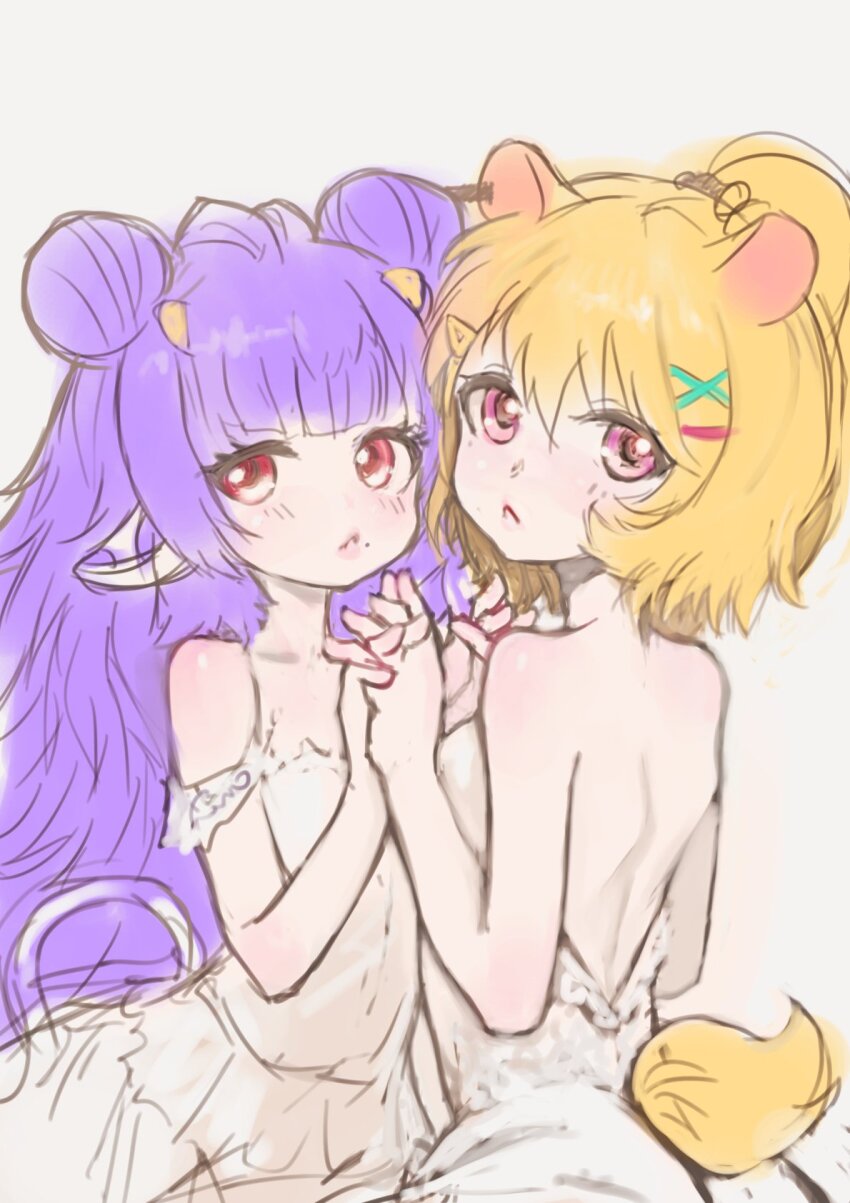 2girls animal_ears bare_shoulders blush cow_ears cow_tail double_bun dress eimi_isami hair_bun hamster_ears hamster_tail highres holding_hands horns mole multiple_girls muu_muyu orange_hair phase_connect pink_eyes purple_hair red_eyes shoulder_blades sussynano tail virtual_youtuber yuri
