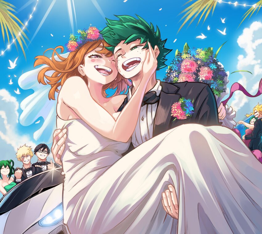 3girls 4boys absurdres asui_tsuyu bakugou_katsuki bird black_hair black_suit blonde_hair blue_sky blush_stickers boku_no_hero_academia bouquet breasts brown_eyes brown_hair car carrying cleavage clenched_hand closed_eyes cloud commentary_request commission couple dimples dress dutch_angle facial_scar fangs flower formal_clothes freckles frog_girl glasses green_eyes green_hair hair_rings half-closed_eye hetero highres holding holding_bouquet husband_and_wife iida_tenya large_breasts medium_hair midoriya_inko midoriya_izuku motor_vehicle multiple_boys multiple_girls ocean one_eye_closed open_mouth plump princess_carry scar scar_on_cheek scar_on_face short_hair sky smile spanish_commentary spiked_hair sports_car suit sunlight thumbs_up tuxedo uraraka_ochako vlizzyvlizz117 wedding_dress yagi_toshinori