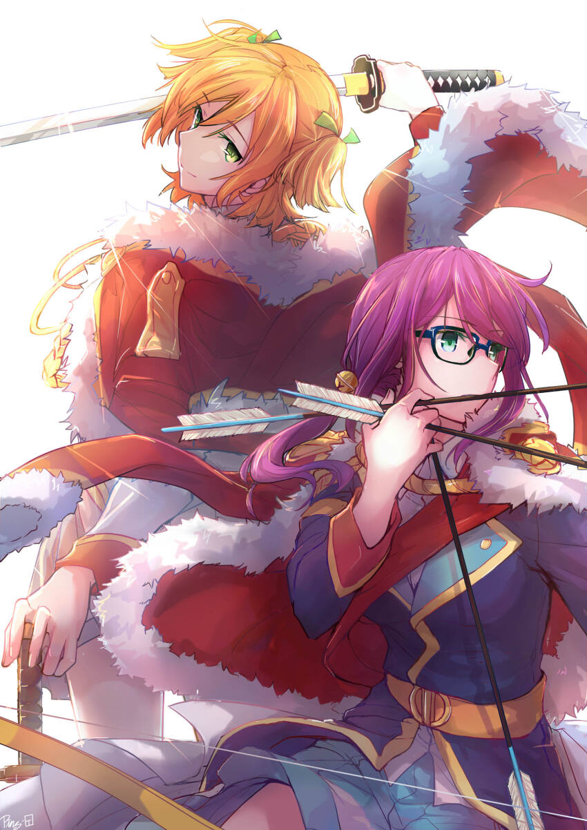2girls absurdres aiguillette arrow_(projectile) artist_name backlighting badge bell belt belt_buckle between_fingers blonde_hair blue_jacket blue_skirt bow_(weapon) buckle buttons commentary_request covered_mouth daiba_nana dual_wielding fingernails fur-trimmed_jacket fur_trim glasses glint green_eyes green_ribbon hair_bell hair_between_eyes hair_ornament hair_ribbon hand_up highres holding holding_arrow holding_sword holding_weapon hoshimi_junna jacket katana lapels long_hair long_sleeves looking_at_another looking_back looking_to_the_side miniskirt multiple_girls pin.s ponytail purple_hair red_jacket red_sash red_sleeve_cuffs ribbon sash short_hair short_twintails shoujo_kageki_revue_starlight shoulder_sash sideways_glance simple_background single_horizontal_stripe skirt smile sword twintails weapon white_background yellow_belt