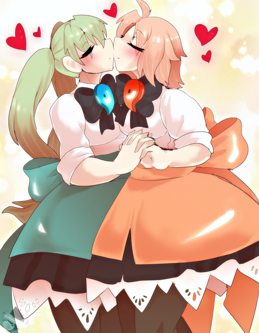 ahnenerbe_shop_uniform ahoge closed_eyes commission commissioner_upload fate/grand_order fate_(series) green_hair hibino_hibiki highres holding_hands katsuragi_chikagi kiss magatama mahou_tsukai_no_hako non-web_source orange_hair short_hair watermark yuri