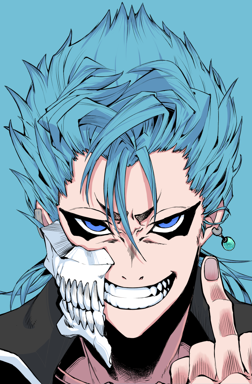 1boy absurdres black_eyeliner bleach blue_background blue_hair commentary_request earrings eyeliner grimmjow_jaegerjaquez hair_between_eyes hair_slicked_back highres hollow_mask jewelry long_bangs looking_at_viewer makeup male_focus middle_finger mullet portrait short_hair simple_background single_earring smile solo teeth tetsu_booya v-shaped_eyebrows v-shaped_eyes white_mask