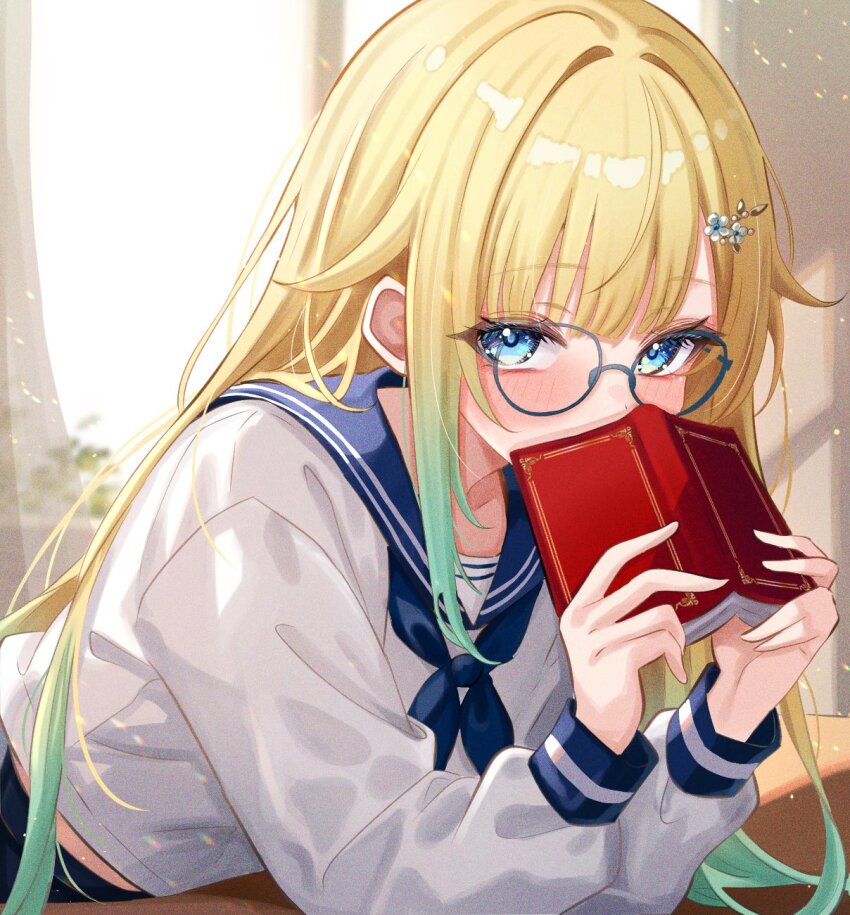 1girl aizawa_ema alternate_costume bespectacled blonde_hair blue-framed_eyewear blue_eyes blue_neckerchief blue_sailor_collar blush book commentary_request covering_own_mouth desk glasses gradient_hair green_hair hair_flaps hair_ornament hairclip hands_up highres holding holding_book indoors leaning_forward leaning_on_table long_hair long_sleeves looking_at_viewer multicolored_hair neckerchief puffy_long_sleeves puffy_sleeves sa-ya2 sailor_collar school_desk school_uniform serafuku sidelocks solo upper_body virtual_youtuber vspo!