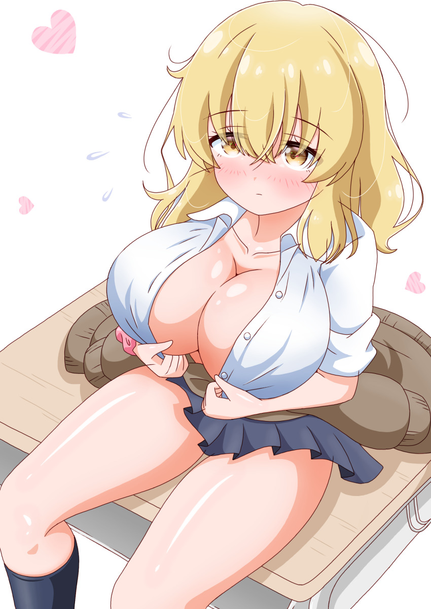 1girl blonde_hair blue_skirt breasts brown_cardigan cardigan cardigan_around_waist cleavage clothes_around_waist collarbone commentary_request crossed_bangs desk flying_sweatdrops hair_ornament heart higa_kana highres imai_kazunari large_breasts long_hair looking_at_viewer okinawa_de_suki_ni_natta_ko_ga_hougen_sugite_tsurasugiru school_desk school_uniform scrunchie shirt simple_background sitting skirt sleeves_rolled_up solo thighs white_background white_shirt wrist_scrunchie yellow_eyes