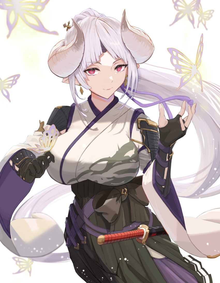1girl azusa_(granblue_fantasy) black_gloves bow breasts bug butterfly draph earrings fingerless_gloves gloves granblue_fantasy hakama hakama_skirt highres horns insect japanese_clothes jewelry katana large_breasts long_hair madori_(madori151) pointy_ears ponytail red_eyes single_fingerless_glove skirt smile sword weapon white_hair wide_sleeves