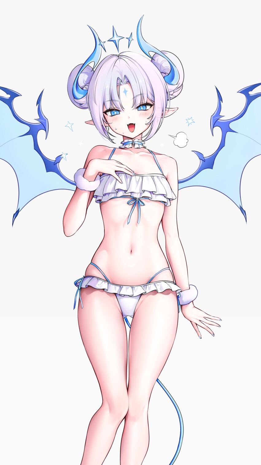 1girl absurdres bare_shoulders bikini blue_choker blue_eyes bracelet choker demon_girl demon_horns demon_tail demon_wings double_bun elsword facial_mark fangs feet_out_of_frame forehead_mark frilled_bikini frilled_choker frills front-tie_bikini_top front-tie_top fur_bracelet hair_bun hand_up highres horns ishtar_(elsword) jewelry long_hair looking_at_viewer luciela_r._sourcream navel open_mouth parted_bangs pointy_ears ruffle_bikini side-tie_bikini_bottom simple_background skindentation smile solo sparkling_eyes stomach string_bikini sweat swimsuit tail tanjel thighs tiara white_background white_bikini white_hair wings
