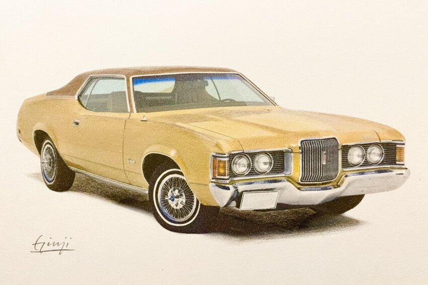artist_name brown_car car grey_background highres matsubara_ginji mercury_(company) mercury_cougar motor_vehicle muscle_car original painting_(medium) realistic shadow traditional_media vehicle_focus watercolor_(medium)
