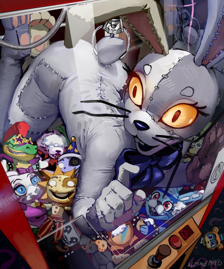 1girl :d absurdres alpineping animal_costume animal_ears artist_name blue_bow blue_bowtie bow bowtie buck_teeth character_doll character_request commentary crane_game english_commentary eyelashes fake_animal_ears fake_tail five_nights_at_freddy&#039;s five_nights_at_freddy&#039;s:_security_breach glamrock_bonnie glamrock_chica glamrock_freddy glowing glowing_eyes hands_up highres in_crane_game looking_at_viewer montgomery_gator moon_(fnaf) nightmarionne open_mouth patchwork_clothes rabbit_costume rabbit_ears rabbit_tail red_eyes roxanne_wolf smile solo stuffed_toy sun_(fnaf) tail teeth upper_teeth_only vanny_(fnaf)