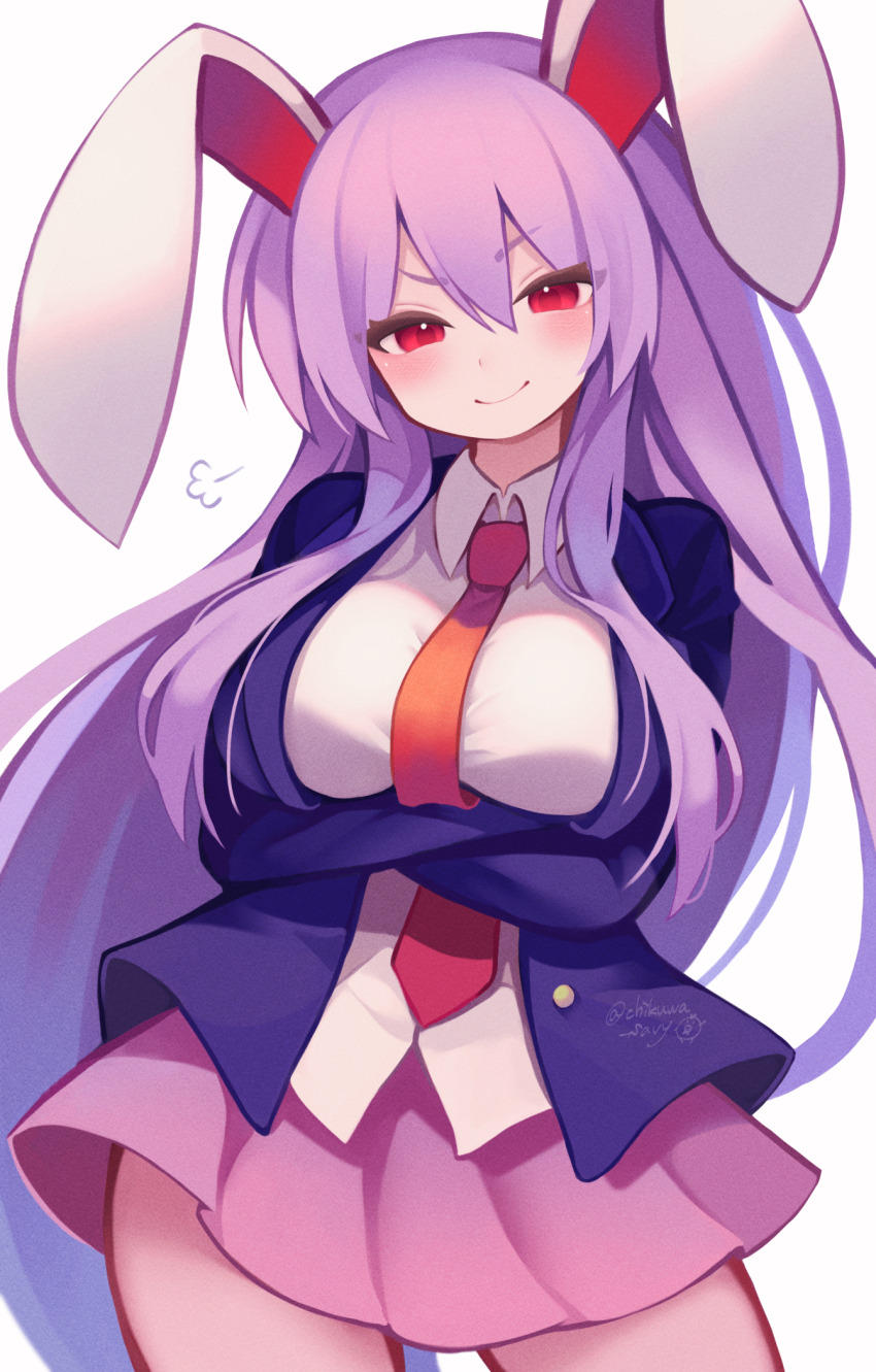 1girl animal_ears arms_under_breasts blazer blush breasts chikuwa_savy closed_mouth collared_shirt commentary crossed_arms highres jacket large_breasts long_hair long_sleeves looking_at_viewer necktie open_clothes open_jacket pink_skirt pleated_skirt puff_of_air purple_hair purple_jacket rabbit_ears red_eyes red_necktie reisen_udongein_inaba shirt skirt smile smug solo touhou twitter_username very_long_hair white_shirt
