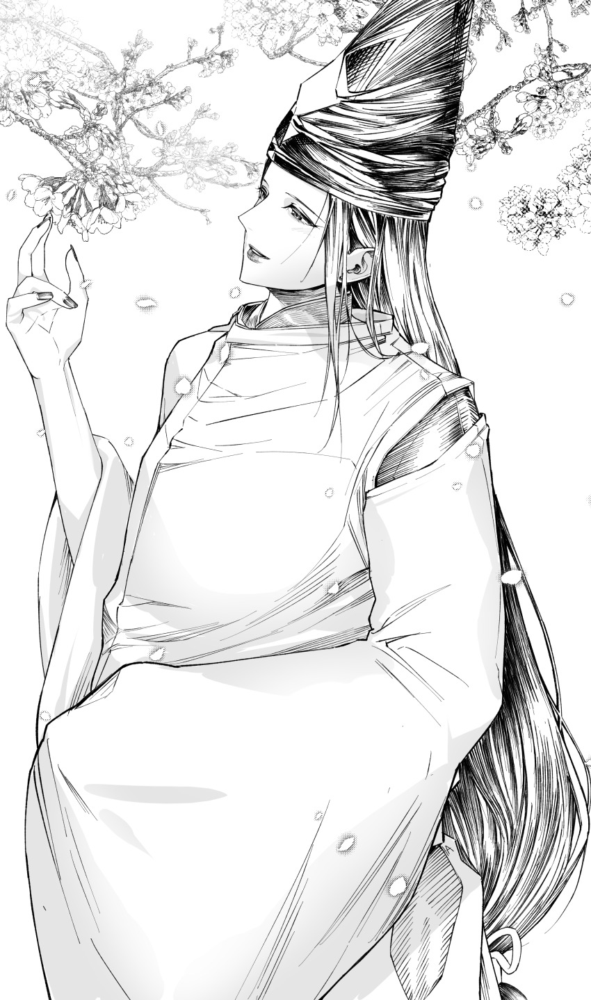 1boy absurdres bishounen blush branch cherry_blossoms commentary earrings falling_petals fingernails fujiwara_no_sai greyscale ha_ang half-closed_eyes hand_up hat highres hikaru_no_go japanese_clothes jewelry kariginu kimono lips long_hair looking_away low-tied_long_hair male_focus monochrome parted_lips petals sidelocks solo standing stud_earrings symbol-only_commentary tate_eboshi wide_sleeves