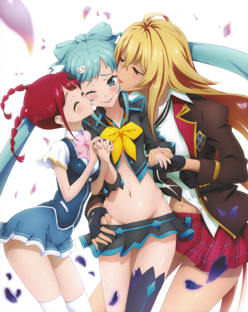 3girls absurdres blonde_hair blue_hair blush braid breasts cat_hair_ornament cheek_kiss cleavage closed_eyes double_cheek_kiss fff_threesome fingerless_gloves girl_sandwich gloves group_sex gyaru hair_ornament highres kaneko_hiraku kiss kissing_cheek large_breasts long_hair loose_necktie medium_breasts microskirt midriff miniskirt multiple_girls navel necktie official_art polygamy red_eyes red_hair sagara_momoka sandwiched scan school_uniform shikishima_mirei short_twintails simple_background skirt small_breasts smile threesome tokonome_mamori twin_braids twintails valkyrie_drive valkyrie_drive_-mermaid- very_long_hair white_background yuri