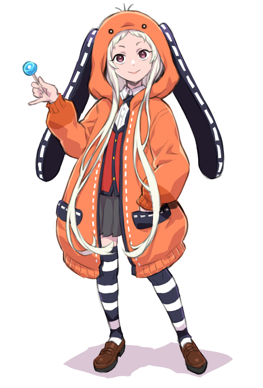 1girl animal_hood black_skirt blonde_hair brown_shoes candy food hand_in_pocket highres holding holding_candy holding_food holding_lollipop hood hoodie hyakkaou_academy_school_uniform kakegurui lollipop one-hour_drawing_challenge purple_eyes school_uniform shoes simple_background skirt smile solo striped_clothes striped_thighhighs tachibana_kazumi thighhighs yomozuki_runa