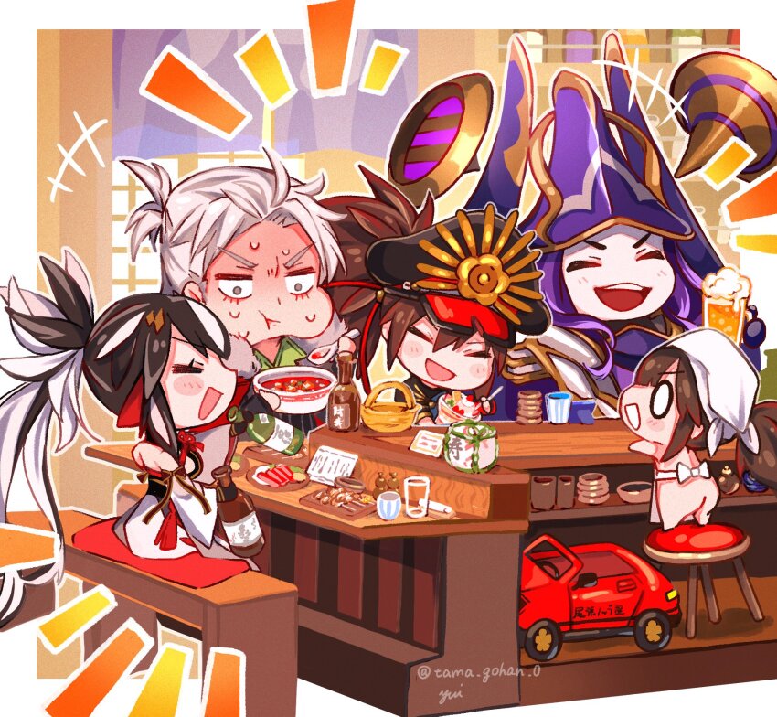 2boys alcohol armor bare_back beer black_hair car chair coat crest eating facial_mark family_crest fate/grand_order fate_(series) food forehead_mark formal_clothes fur-trimmed_coat fur_trim hat helmet high_ponytail highres imagawa_yoshimoto_(fate) jacket jacket_on_shoulders japanese_armor keikenchi_(style) mapo_tofu military_hat mini_nobu_(fate) motor_vehicle multicolored_hair multiple_boys nagao_kagetora_(fate) oda_kippoushi_(fate) oda_nobunaga_(fate) oda_uri pale_skin parfait peaked_cap ponytail smile spicy striped_clothes striped_jacket suit takeda_shingen_(fate) two-tone_hair uesugi_kenshin_(fate) uesugi_kenshin_(third_ascension)_(fate) white_hair wide_ponytail yakitori yui_(tamagohan)