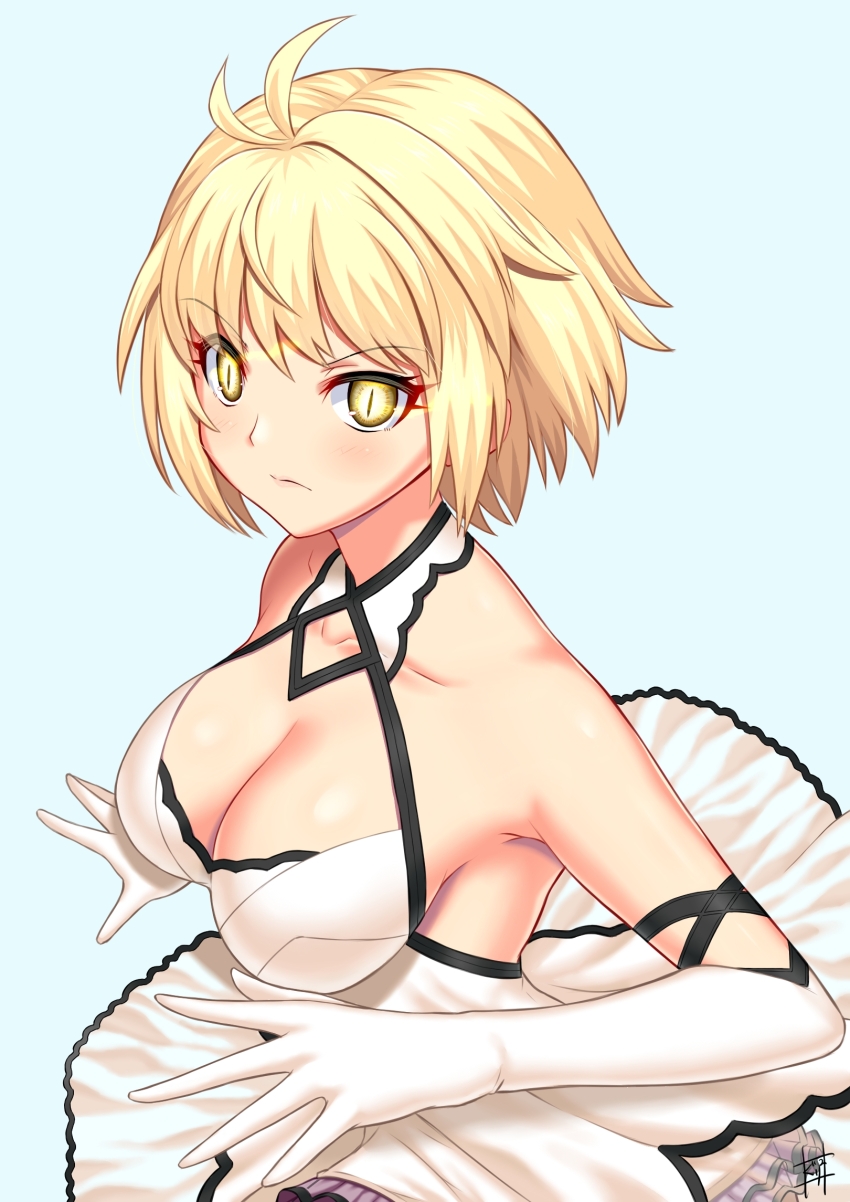1girl arcueid_brunestud bare_shoulders blonde_hair breasts cleavage closed_mouth dress elbow_gloves gloves glowing glowing_eyes guriguri_(arayotto4351) highres large_breasts looking_at_viewer short_hair simple_background slit_pupils solo tsukihime white_background white_dress white_gloves yellow_eyes