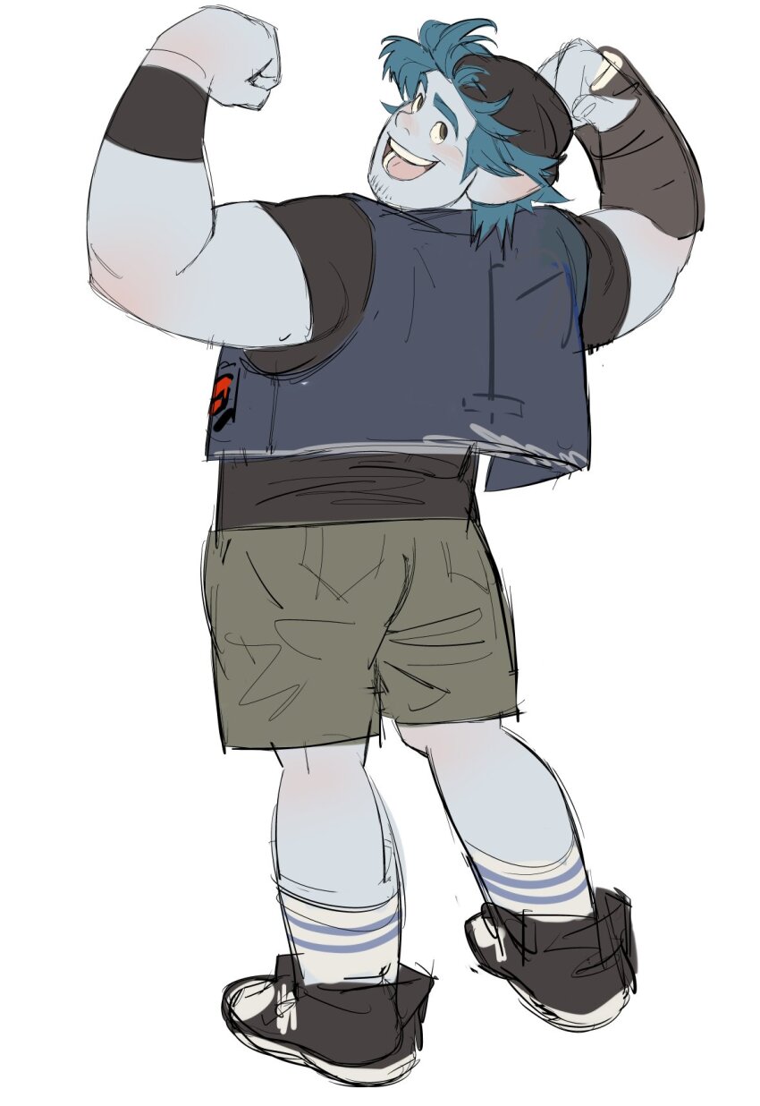 1boy bara barley_lightfoot biceps blue_hair blue_skin blush colored_skin double_biceps_pose facial_hair flexing from_behind full_body goatee_stubble highres horikwawataru looking_at_viewer male_focus muscular muscular_male onward pointy_ears short_hair solo standing stubble thick_eyebrows unfinished
