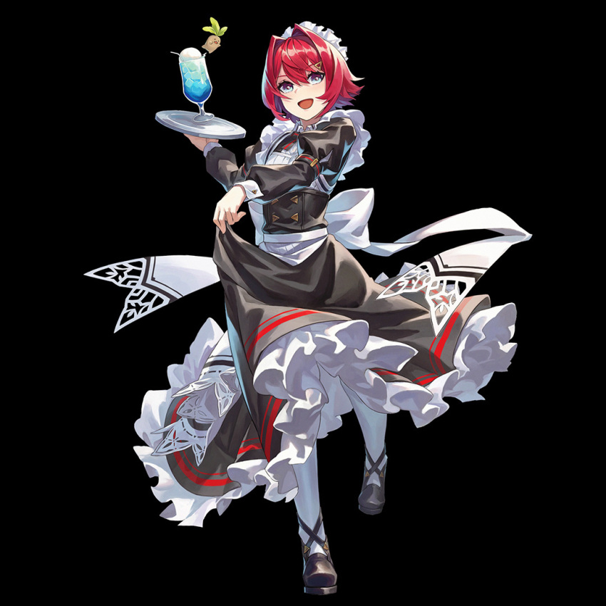 :d a-er_(akkij0358) alternate_costume ange_katrina back_bow black_background black_bow black_dress black_shoes blue_eyes blue_hawaii bow bowtie breasts collared_dress commentary_request criss-cross_straps cup dress drinking_glass drinking_straw enmaided frilled_dress frills full_body gradient_eyes hair_between_eyes hair_intakes hair_ornament holding holding_tray hurricane_glass ice ice_cube juliet_sleeves long_bangs long_dress long_sleeves looking_at_viewer maid maid_headdress mandragora_(ange_katrina) multicolored_eyes nijisanji open_mouth puffy_sleeves purple_eyes red_hair shoes short_hair simple_background skirt_hold sleeve_cuffs small_breasts smile socks standing standing_on_one_leg tray virtual_youtuber white_bow white_dress white_headdress white_socks