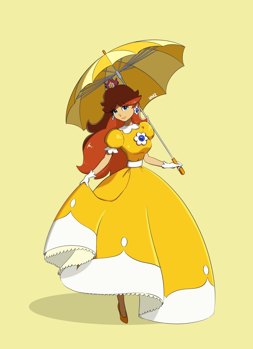 1girl absurdres blue_eyes breasts brown_hair crown daisysheaven dress earrings flower_earrings full_body gloves green_background highres holding holding_umbrella jewelry large_breasts long_dress long_hair looking_at_viewer mario_(series) nintendo princess_daisy puffy_short_sleeves puffy_sleeves short_sleeves simple_background solo standing super_mario_land two-tone_dress umbrella white_dress white_gloves yellow_dress yellow_umbrella