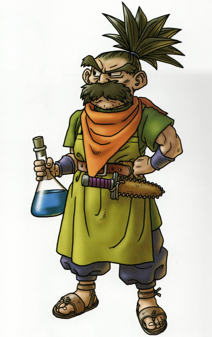 1boy absurdres ambiguous_blue_liquid apron beaker black_eyes blue_pants brown_hair dragon_quest dragon_quest_x facial_hair full_body green_apron green_shirt hair_pulled_back hand_on_own_hip high_ponytail highres holding holding_beaker isshou_(dq10) knife long_eyebrows looking_to_the_side male_focus mature_male mustache neckerchief official_art orange_neckerchief pants ponytail sandals scan sheath shirt solo spiked_hair stubble third-party_source toned toned_male toriyama_akira white_background
