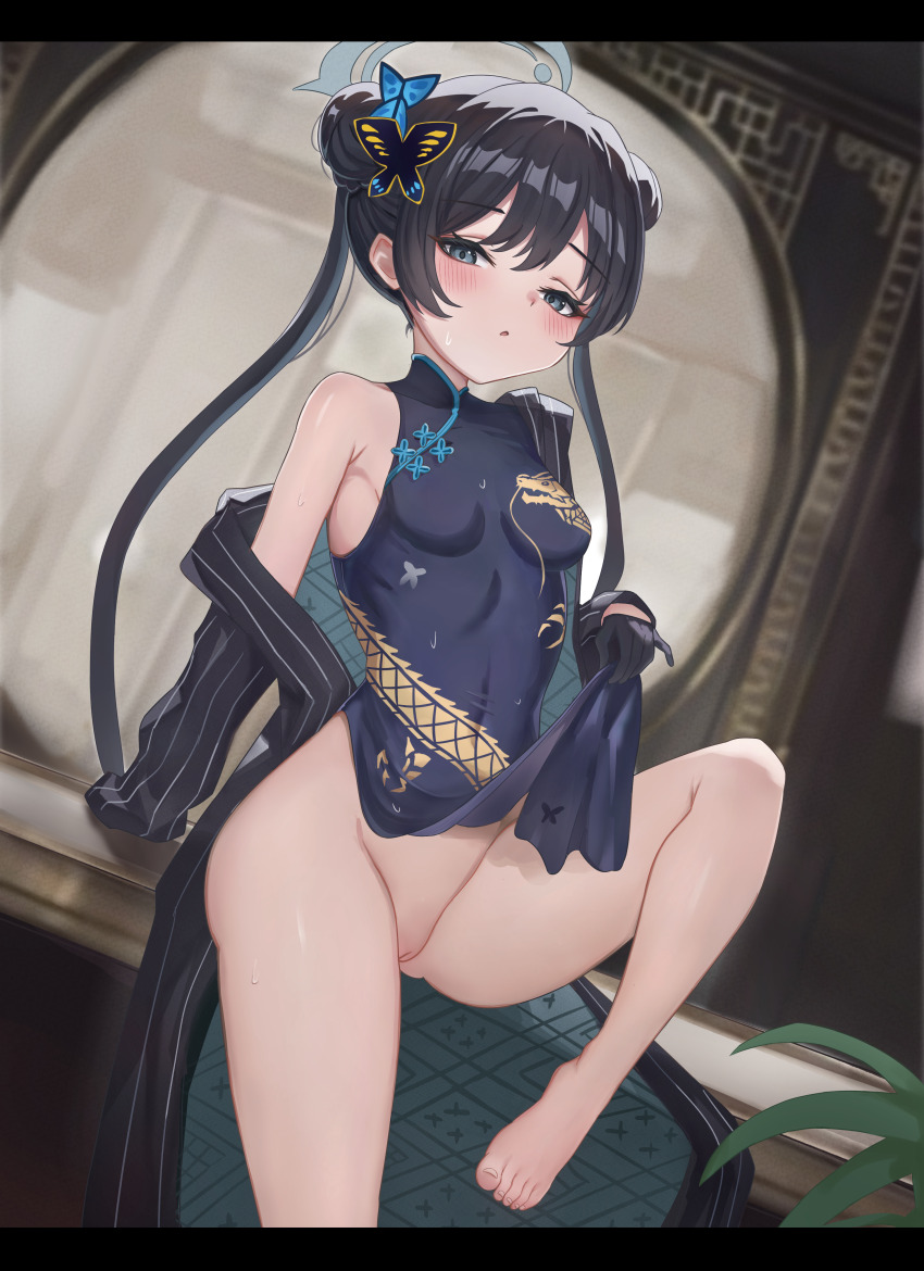 1girl absurdres arm_support bare_legs bare_shoulders barefoot black_gloves black_hair black_jacket blue_archive blush bottomless braid braided_bun breasts butterfly_hair_ornament china_dress chinese_clothes cleft_of_venus clothes_lift covered_navel double_bun dragon_print dress feet gloves gluteal_fold grey_eyes grey_halo hair_bun hair_ornament half-closed_eyes halo hand_up highres indoors jacket jacket_partially_removed kisaki_(blue_archive) ko-no leg_up lifting_own_clothes loli long_hair long_sleeves looking_at_viewer off_shoulder open_clothes open_jacket pelvic_curtain pelvic_curtain_lift pinstripe_jacket pinstripe_pattern print_dress pussy sitting small_breasts solo standing sweat sweatdrop toenails toes twintails uncensored very_long_hair
