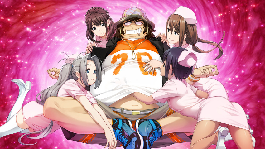 1boy 4girls antenna_hair aqua_eyes belt belt_buckle black_hair black_vest blue_eyes blue_ribbon blue_shoes boots brown_eyes brown_hair buckle butterfly_sitting clenched_teeth clothes_lift daitoku_junna dark-skinned_female dark_skin dress drooling ears_visible_through_hair fat fat_man floating fukuda_tomonori glasses green_eyes grey_hair grey_shorts grin hair_between_eyes hand_on_another&#039;s_shoulder hand_on_another&#039;s_stomach hand_under_clothes harem hashida_itaru hat high_heels highres hood hooded_vest hoodie light_particles long_hair looking_at_another lotus_position meditation medium_hair mouth_drool mudra multiple_girls navel non-web_source nurse nurse_cap official_art opaque_glasses orange_shirt orange_shorts pervert pink_dress ponytail purple_background ribbon robotics;notes saliva senomiya_akiho shirt shoelaces shoes short_hair shorts side_ponytail sidelocks single_sidelock sitting sleeveless_vest smile sneakers stray_hair striped_clothes striped_shirt striped_shorts t-shirt tan teeth tennouji_nae thick_thighs thighhighs thighs v-shaped_eyebrows vest white_belt white_boots white_shirt white_thighhighs wristband yukifune_airi zettai_ryouiki