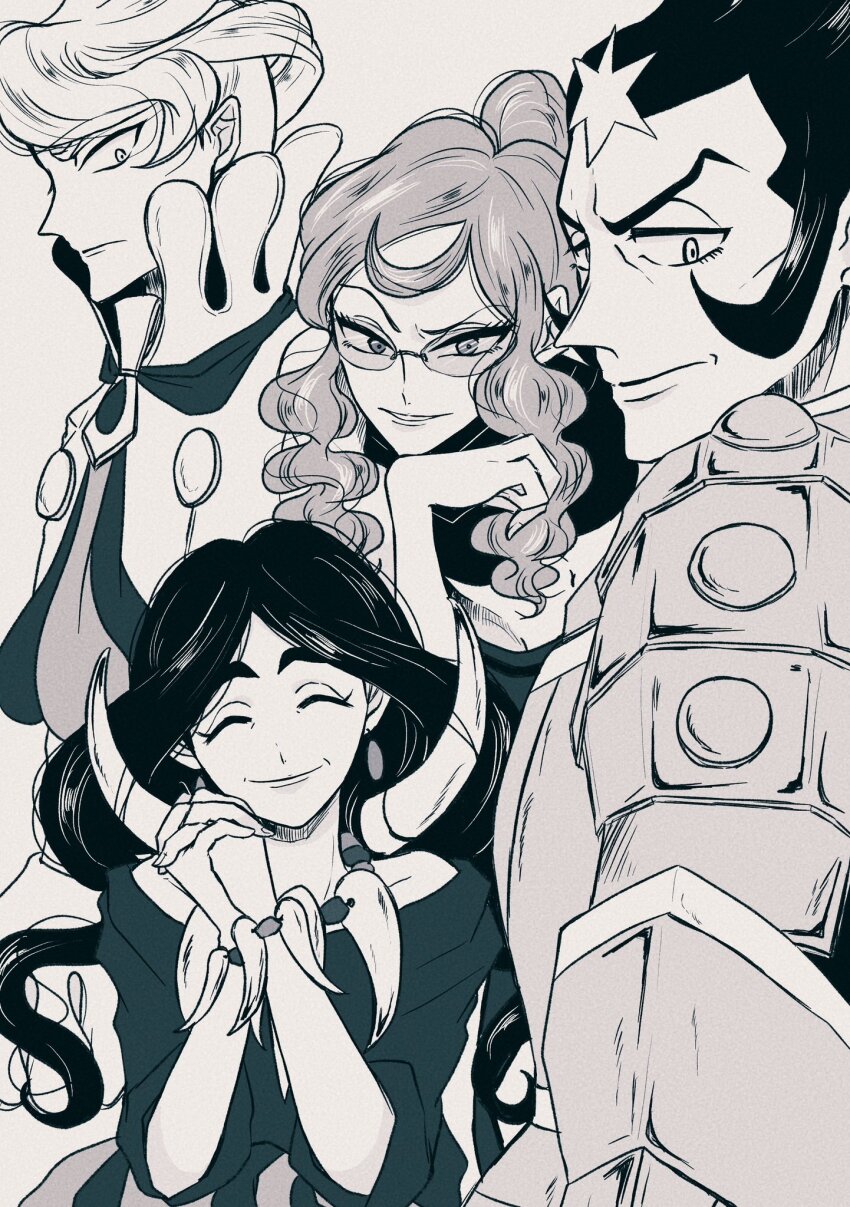 2boys 2girls armor black_hair bracelet closed_eyes collarbone drasna_(pokemon) earrings frown glasses greyscale grin hair_bun hair_ornament highres jewelry long_hair looking_at_viewer malva_(pokemon) monochrome multiple_boys multiple_girls nintendo off_shoulder own_hands_clasped pokemon pokemon_xy short_hair siebold_(pokemon) smile teibo_(t_bowwow) turtleneck upper_body wikstrom_(pokemon)