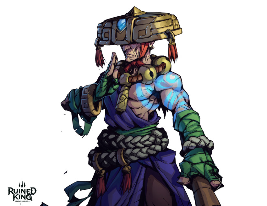 1boy arm_tattoo aron_lusen bandages belt character_request clothing_request copyright_request covered_eyes cowboy_shot fingerless_gloves gem gloves glowing green_gloves grey_background hand_up hat hicham_habchi highres holding japanese_clothes league_of_legends monk muscular muscular_male official_art old old_man pants ruined_king:_a_league_of_legends_story simple_background single_bare_shoulder solo tattoo white_background wrinkled_skin