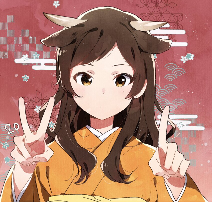 1girl 2021 animal_ears asa_no_ha_(pattern) blue_flower blush breasts brown_hair checkered_background closed_mouth cow_ears cow_horns dot_nose egasumi fake_animal_ears fake_horns flower hands_up happy_new_year highres horns idolmaster idolmaster_million_live! idolmaster_million_live!_theater_days index_finger_raised japanese_clothes kimono kitazawa_shiho long_hair long_sleeves looking_at_viewer medium_breasts new_year okouka_(gyunyutabetai) red_background sash seigaiha solo upper_body v white_flower yellow_eyes yellow_kimono yellow_sash