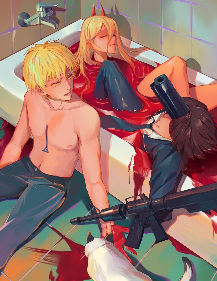 assault_rifle bathtub black_necktie blonde_hair blood blood_on_hands brown_hair chainsaw_man closed_eyes commentary denji_(chainsaw_man) english_commentary formal_clothes gun gun_devil_(chainsaw_man) hair_between_eyes hayakawa_aki highres horns kiunchiku meowy_(chainsaw_man) necktie pool_of_blood power_(chainsaw_man) pull_cord red_horns rifle spoilers suit toned toned_male topless_male weapon yellow_eyes