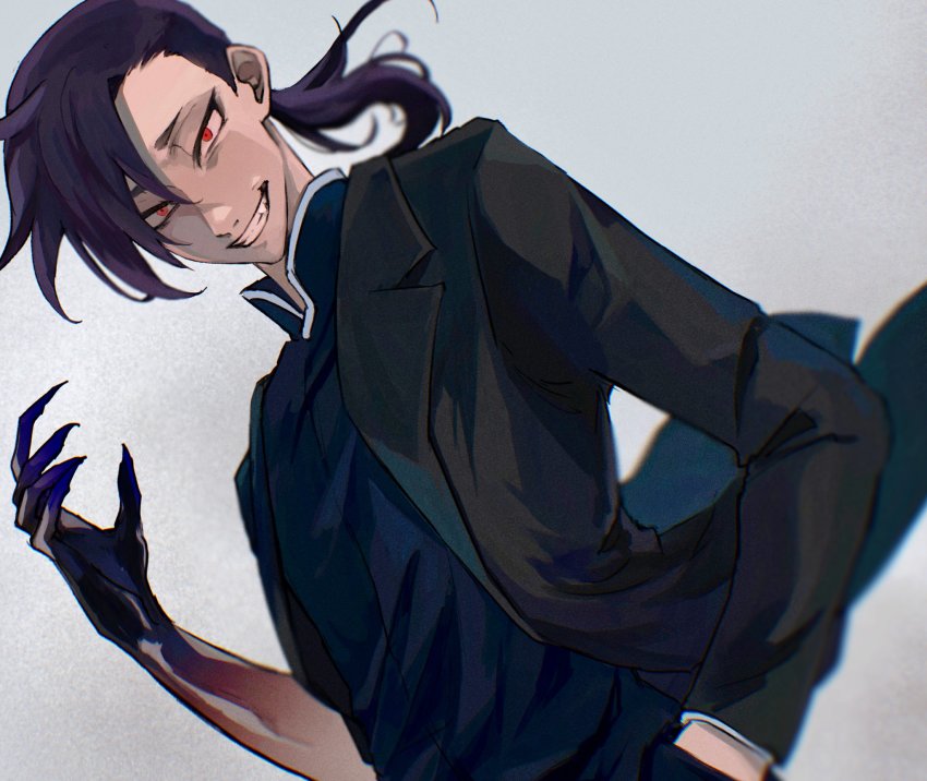 1boy black_coat black_skin blurry blurry_background claws coat colored_skin fang fullmetal_alchemist gradient_skin greed_(fma) grin hair_between_eyes half-closed_eyes hand_in_pocket highres ling_yao long_hair looking_at_viewer male_focus medium_hair oj_0624 open_clothes open_coat ponytail purple_hair purple_skin red_eyes smile solo teeth