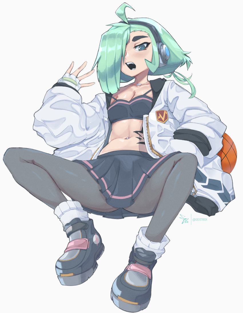 1girl ahoge ball basketball basketball_(object) blush breasts full_body geistbox green_eyes green_hair grey_background headphones jacket navel navel_piercing one_eye_covered open_mouth original pantyhose piercing shoes skirt sleeves_past_wrists small_breasts sneakers spread_legs vio_(geistbox) w white_background