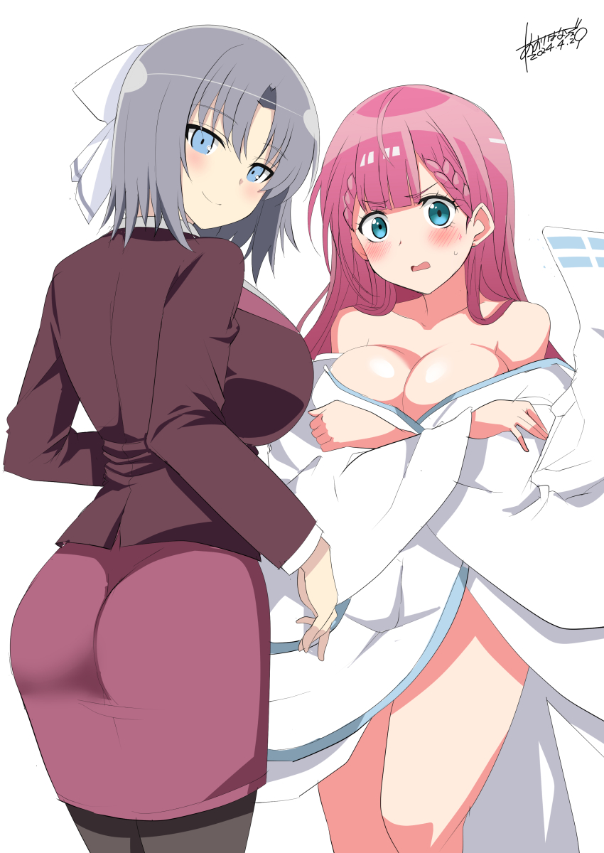 2girls absurdres aoi_manabu aqua_eyes ass bare_shoulders blue_eyes blush bokutachi_wa_benkyou_ga_dekinai bow braid breasts cleavage clothes_down collarbone commentary_request commission cosplay costume_switch covering_breasts covering_privates crossover dress formal_clothes grey_hair hair_bow highres huge_breasts jacket japanese_clothes kimono kirisu_mafuyu kirisu_mafuyu_(cosplay) large_breasts long_hair looking_at_viewer looking_back medium_hair multiple_girls off_shoulder open_mouth pantyhose pencil_skirt pink_hair pixiv_commission senran_kagura skirt suit thighs yumi_(senran_kagura) yumi_(senran_kagura)_(cosplay)